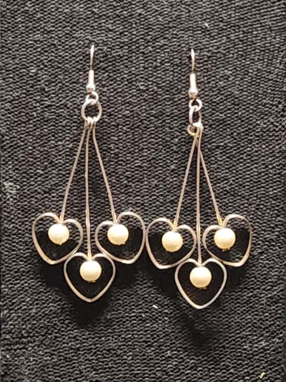 Gold Tone Triple Heart & Faux Pearl Dangle Earrings